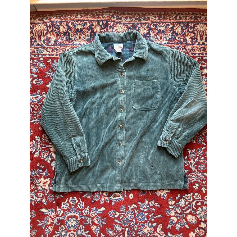 LL Bean Comfort Corduroy Relaxed Shirt Womens Size M Green Plaid Lined Shacket